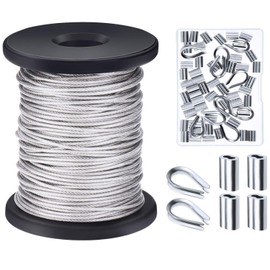 Canomo 1/16 inch x 98 Feet (1.5mm x 30m) Vinyl Coated Stainless Steel Picture Hanging Wire Rope Cable with 50 Pieces Aluminum Crimping Sleeves, 10 Pieces Thimble and 50 Pieces D-Ring Hangers