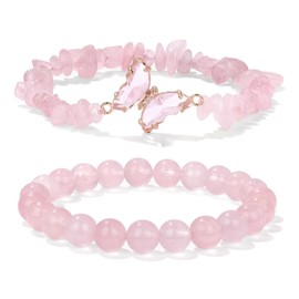 2 pieces rose quartz bracelets, gemstone bracelet women, rock crystal bracelet, butterfly charms stone bracelet, embrace love and serenity, Rose gold, rose quartz, rose gold, rose quartz