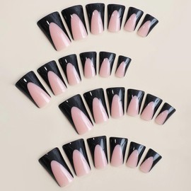MERVF Duck Nails Press on Medium Fake Nails Black French Tip Acrylic Nails Glossy Square Glue on Nails 24pcs Duck Feet False Nails