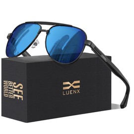 LUENX Aviator Sunglasses for Men Polarized Shades Driving UV 400 Protection 60mm-Dark Blue Lens Black Metal Frame Glossy Temple