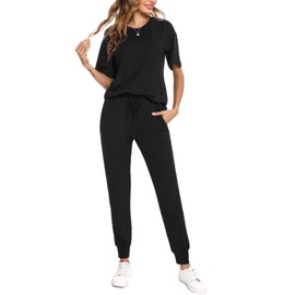 Irevial Women's Tracksuit Short Sleeve/Long Sleeve Cotton Two-Piece Tracksuit Set Crew Neck Jogging Suit Plain Sports Suit Leisure Suit 2-Piece Leisure Suit, A-Black