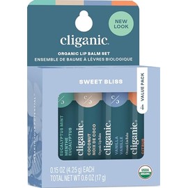 Cliganic Set de Bálsamos Labiales Orgánicos 4 Sabores, Tamaño Compacto | Con aceite de girasol, vitaminas A, D y E; tamaño ideal para bolsa o mochila;