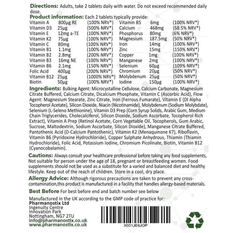 Vegan Multivitamin and Mineral Supplement 60 Tablets | 24 Vitamins