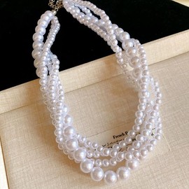 Chunky Pearls Layered Strand Necklace for Women Fashion Vintage White Faux Pearl Beaded Chain Choker Statement Trendy Multi-Strand Collar Necklaces 1920s Wedding Bride Costume Jewelry Birthday Gifts,