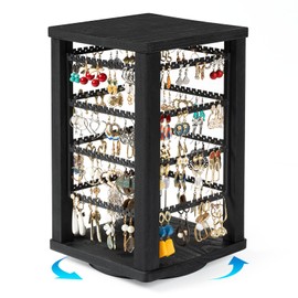 Emfogo 360 Earring Holder Organizer, Rustic Wood Earring Stand, Rotating Wooden Display, 4 Tiers Earring Organizer Stand for Stud Earrings, Hoop Earrings & Necklaces, Women Gifts