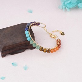 ASGIFT 7 Chakra Bracelet Adjustable 14K Gold Wire Wrapped Gemstone Beads Bracelet Natural Crystal Stone Yoga Meditation Bracelets Jewelry Gift for Women