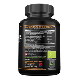 Organic Ashwagandha Capsules 1200mg - Boosted with 1000mg of Organic KSM-66 with 5% Withanolides (from 100mg Extract Ratio 10:1) - Added Turmeric 100mg and Black Pepper - UK Manufactured