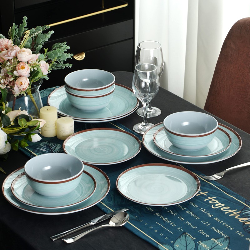 Melamine Dinnerware Set for 4, 12Pcs Dinnerware Sets, Mint Blue