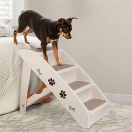 LEMY Non-Slip Foldable Steps Stairs for Dogs and Cats, 4-Step Portable Indoor Outdoor Pet Steps Ramp for Bed, Couch, Car, Tan