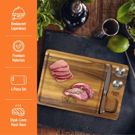 Yukon Glory™ Steak Board for Serving Steak, Meat, and Poultry in Style, Premium Acacia Wood, Includes Sauce Cups and Steak Knife, 3 Pack