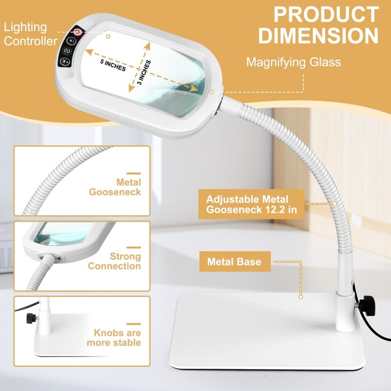 Veemagni 10X Rectangle Magnifying Glass with Light and Stand, Flexible
