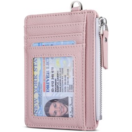 Teskyer Women Card Holder Wallet, Slim Credit Card Wallets, Minimalist, RFID Blocking, 1 ID Window, with Zipper, Holds up to 8 Cards, Rose