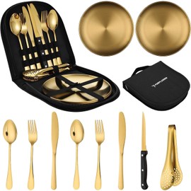 PURPLEBIRD Camping Cutlery Set Golden - 10-Piece Crockery Set for 2 People for Picnic & Travel Portable Stainless Steel Crockery Set with Case Ideal for Outdoor Camping