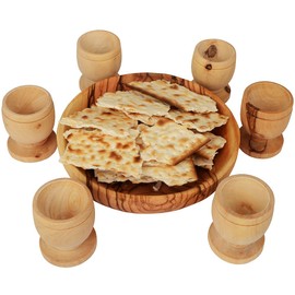 Communion Cups Set- The Lord's Supper - Olive Wood Bread (Approx 4 Inch) Tray with Six Small (Approx 1.5 Inch) Olive Wood Cups in Gift Bag