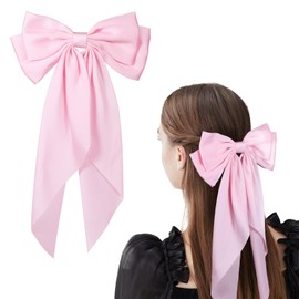 Bow Hair Clips for Women Girls, Soft Long Tail Large Bow Hair Slides, Metal Spring Clip Vintage Silk Headbands, Elegant Hair Accessories, Gifts for Women (Pink)