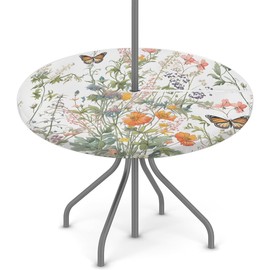 Wild Floral Butterfly Round Fitted Tablecloth with Umbrella Hole Outdoor Tablecloth Waterproof Umbrella Table Cloth Zippered Tablecloth 45"-56" Round Elastic Table Cover for Patio