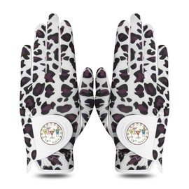 LOVMEAD Women's Golf Glove Golf Gloves Leather with Ball Marker All Weather Left Right Hand Pair, Women's Golf Gloves Rain Grip Weathersof Non-Slip Sports (Leopard, S)