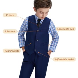 Conjunto de traje formal para niños pequeños, traje de soporte de anillos para adolescentes, niños, boda, esmoquin y comunión, Camisa a cuadros azul marino, 5