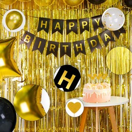 Happy Birthday Decorations for Women Black Birthday Decorations Happy Birthday Banner Gold Fringe Curtain Foil Confetti Balloons butterfly Hanging Swirls Party Decorations for Girls Cupcake Toppers