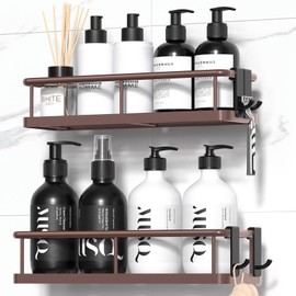YASONIC Shower Caddy 2 Pack Rustproof Shower Organizer, Large Capacity Shower Shelves for Inside Shower, Bathroom Organizers and Storage with Soap Holder and 12 Hooks, Adhesive Shower Storage Bronze