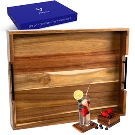 VVEROs Acacia Wood Ottoman Tray for Living Room - 21" Large Coffee Table Tray & 6 Coasters Set, Stylish Serving Tray with Handles for Food, Drinks, Kitchen, Patio & Couch, Wooden Tray for Home Decor