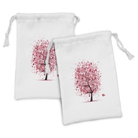 Lunarable Tree of Life Fabric Pouch Set of 2, Ornate Valentine Swirled Hearts and Doodles in Love Future Couple, Small Drawstring Bag for Toiletries Masks and Favors, 9" x 6", Pink White