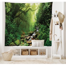 Ambesonne Tapiz de bosque lluvioso, bosque en Nepal sendero, planta de primavera y piedras con impresión de agua húmeda, amplia pared para colgar para recámara, sala de estar, recámara, 80 pulgadas x 60 pulgadas, color verde café