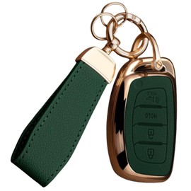 WiiLemz Key Fob Cover for Hyundai with Key Chain, Upper Leather + Soft TPU Key Cover Case Shell for Hyundai Elantra GT Ioniq Sonata Tucson 4 Buttons (Green)
