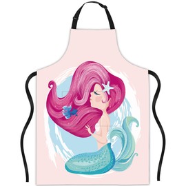 JASAKOO Cute Pink Mermaid Apron, Bib Apron with Adjustable Neck Waterproof for Women Men, Suitable for Home Kitchen Cooking Waitress Chef Grill Bistro Baking BBQ Hairdresser Cobbler, Apron Gifts