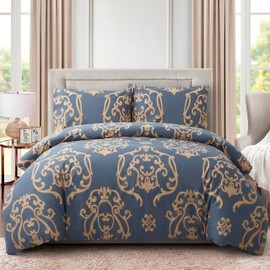 Marina Decoration Soft Silky Rich Printed Rayon from Bamboo All Season 4 Pieces Duvet Cover Fitted Sheet Ensemble Bedding Set with Zipper and Corner Tie, Gold Damask Navy Blue Pattern Queen Size