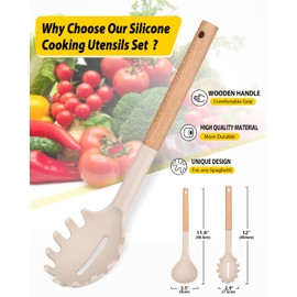 Silicone Pasta Fork and Ladle Spoon Set with Wooden Handle, Heat Resistant Non Stick Kitchen Utensils for Cooking, Stirring, Serving Spaghetti, Soup, Sauce(KHAKI)