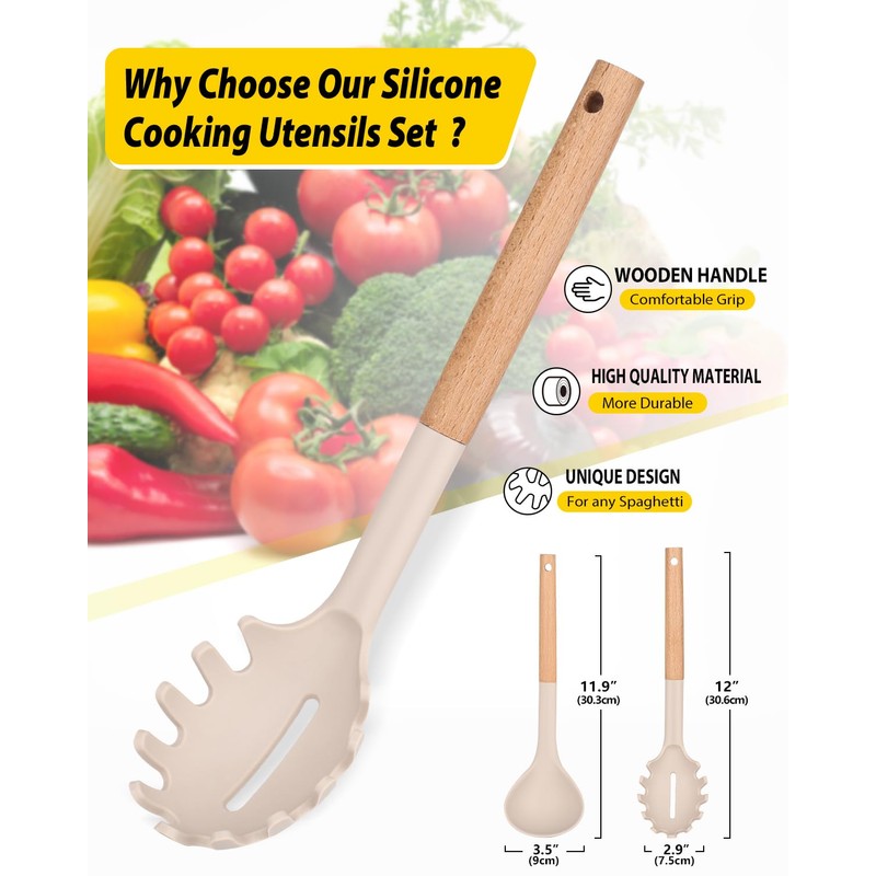 Silicone Pasta Fork and Ladle Spoon Set with Wooden Handle,