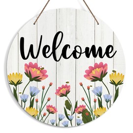 Welcome Sign for Front Door, Spring Flower Welcome Door Sign Decoration, Welcome Spring Round Decorative Wall Sign, Rustic Wooden Hanging Sign for Farmhouse Home Porch Living Room -06