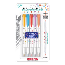 Zebra Pen Mildliner Dual-Tip Stamp Marker, Water-Based Pigment Ink, Extra Fine Bullet & Assorted Shape Stamp Tips, Assorted Colors, 5-Pack (73305)