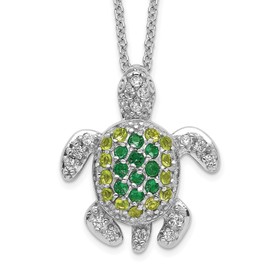 925 Sterling Silver Green Glass White Cubic Zirconia CZ Sea Turtle Necklace 18 inch Chain