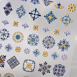 Bohemia Nail Art Stickers 3D Bohemia Nail Stickers Spring Abstract Nail Decals Nail Art Design Decals for Nail Art Blue Yellow Bohemia Cute Designs Self Adhesive Nail Art Supplies Accessories 1PCS