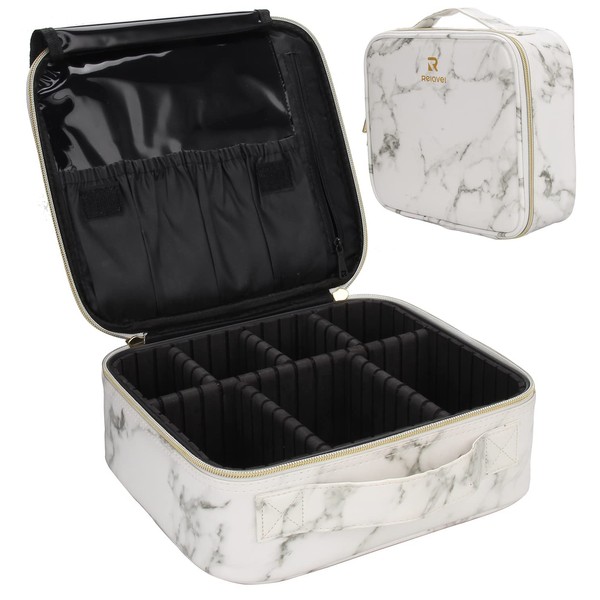 Relavel Travel Makeup Train Case Makeup Cosmetic Case Organizer Portable Artist Storage Bag with Adjustable Dividers for Cosmetics Makeup Brushes Toiletry Jewelry Digital Accessories (Marble, White)