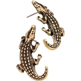Liavy's Embossed Metal Alligator Crocodile Fashionable Earrings - Stud - Gold Plated