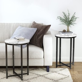 Hooseng Round End Table Set of 2 Small Side Table Living Room, Faux Marble Modern Nightstand Accent Table Sode Table Sofa Side Table Bed Side Table w/Metal Frame for Living Room, Bedroom, Office