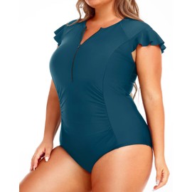 Holipick - Traje de baño de una pieza para mujer, con control de barriga, mangas de gorra, traje de baño con cierre, 1 pieza, Azul, 14 Plus