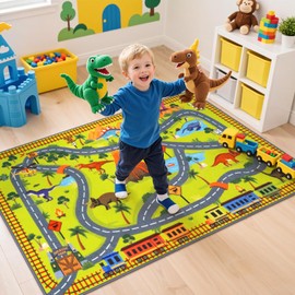 LIVEBOX Kids Car Rug-Dinosaur Playroom Rug 3x5 Non Slip Adventure Play Mat, Track Road Mat for Toy Cars, Dinosaur Rugs for Boys Bedroom Nursery