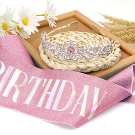 Birthday Crown for Girls Pink Tiara Sash Gifts for Womens Birthday Rhinestone Crystal Headband Princess Queen Crown Happy Birthday Decorations Birthday Gift Ideas Birthday Accessories Gifts for Women