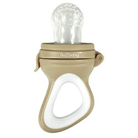 RaZbaby Alimentador de frutas para bebé/chupete alimentador de alimentos, mordedor de juguete de dentición infantil 6M+, añade la fruta congelada favorita del bebé o comida fresca para aliviar la dentición, bolsa de silicona/pezón, sin BPA, bronceado