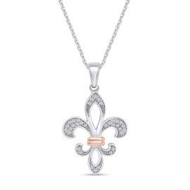 Wishrocks 1/10 Carat Round Cut White Natural Diamond Fleur de Lis Pendant Necklace Jewelry For Women In Two Tone 14k White Gold Plated Sterling Silver (0.10 cttw, Color- I-J, Clarity- I2-I3)