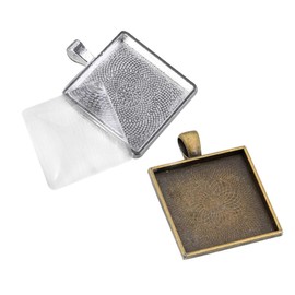 Supvox 20 Sets Pendant Trays Metal Square Shape Cabochon Bases Bezel Blanks Trays Charm Tray with Glass Cabochon for DIY Crafts Photo Jewellery Making Bronze and Silver
