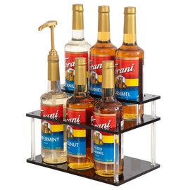 ODPEOZT Acrylic Coffee Syrup Organizer, 2 Tier Coffee Syrup Rack (6 Bottle Capacity), Syrup Bottle Holder Stand for Coffee Bar, Kitchen Countertop Syrups, Condiments and Wine (Black)