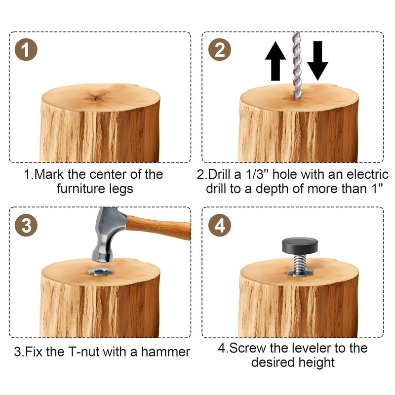 AHCUTE Furniture Leveling Feet with T-Nuts, 12 Pack, 1/4 Inch