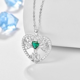 Tree of Life Necklace For Women 925 Sterling Silver Mother and 3 Children Tree of Life Heart Pendant Necklace Emerald Tree of Life Jewelry Gift For Mother Women Grandmother, Sterling Silver, Emerald