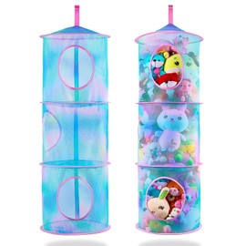 Basumee Stuffed Animals Net or Hammock 2Pcs Hanging Stuffed Animals Storage Toy Net Hammock for Stuffed Animals Organizer Mesh Hammock Kids Girls Room Decor, Blue Teal, 3 Tiers