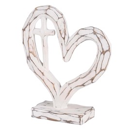 Dicksons Carved Heart with Cross, Distressed White, 6 x 5 inch Resin, Pedestal Table Top, Inspirational, Decorative Figurine